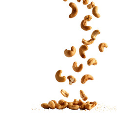 Cashews Falling Gracefully on White Background with Organic Style and Natural Elements for Food...