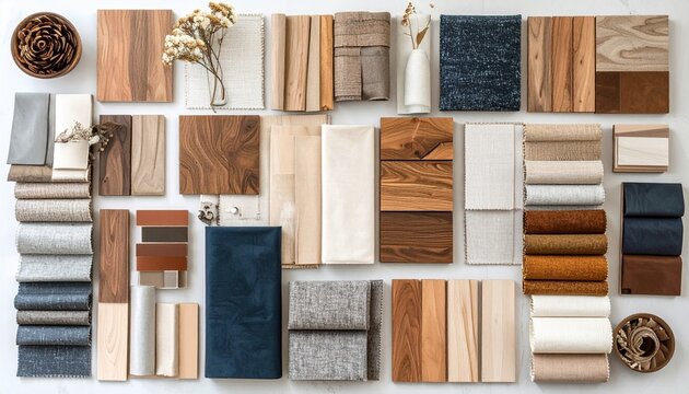 Contemporary design moodboard with fabric swatches, wooden samples, metallic trims, and color palettes styled in flat lay - Powered by Adobe