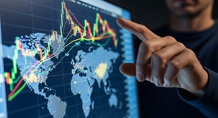 Global financial analyst analyzes dynamic stock market trends on digital world map display