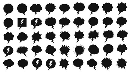 Fototapeta premium Collection of various black speech bubbles and thought bubbles on a white background.