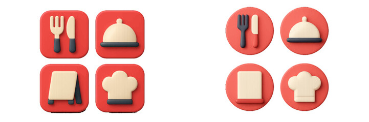 Restaurant Service Icons: Fork, Knife, Cloche, Menu, Chef Hat, Table Stand. Modern 3D Icon Set