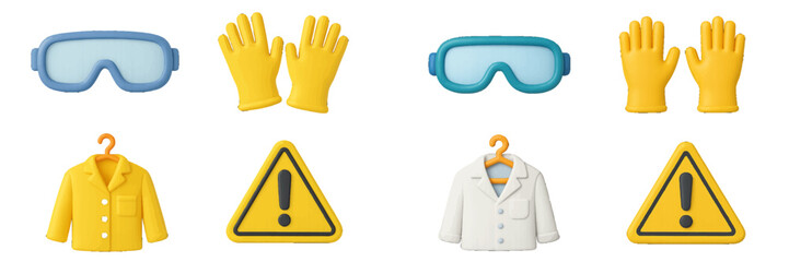Safety gear and warning signs with protective equipment and hazard symbols. Modern 3D Icon Set