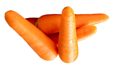 Side view of five fresh orange carrot roots in stack isolated with clipping path in png file format