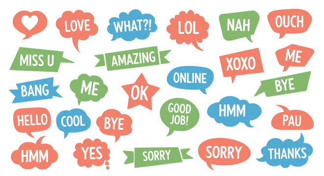 A collection of colorful speech bubbles and banners containing various expressions, words, and acronyms used in online communication.