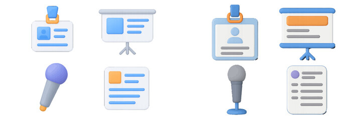 Conference and Presentation Icons: Badge, Microphone, and Board. Modern 3D Icon Set