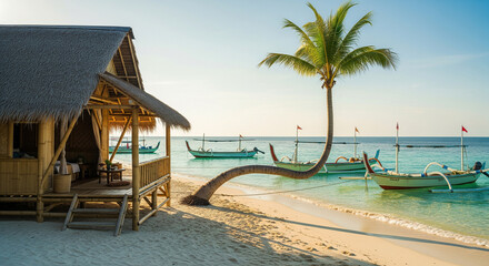 Bamboo Hut on Clean Tropical Beach with Clear Blue Sea