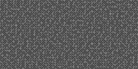 A black and white abstract background with a geometric pattern of complex, interlocking lines. This monochromatic image creates a labyrinthine texture.
