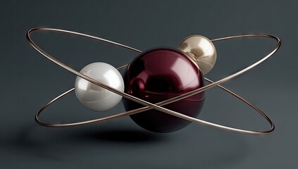 Three glossy spheres orbit within overlapping rings of polished metal against a dark background.
