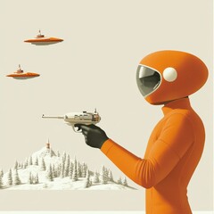 A retro-futuristic model in a 1950s-inspired spacesuit, holding a ray gun, standing against a backdrop of a colony on Mars, pastel tones, retro sci-fi illustration.