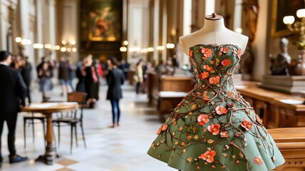 Enchanted forest-themed dress with animated vines and flowers, nature-inspired couture.