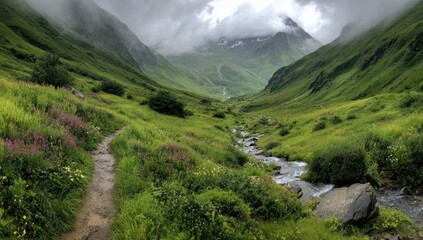 Serene mountain valley; a trail winds through lush green meadows, wildflowers, and a babbling brook, leading towards mist-shrouded peaks under a cloudy sky