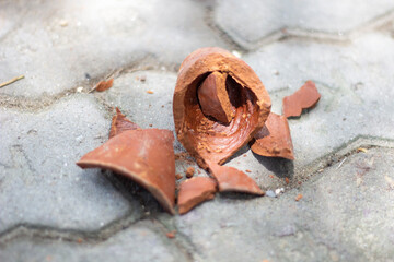 Broken terracotta pot shards scattered on a textured concrete surface