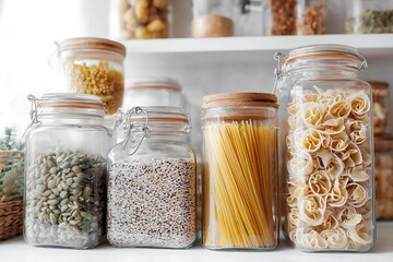 Clear glass storage jars filled with various whole grains and pasta, showcasing an organized pantry display.