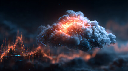 futuristic digital cloud with glowing encryption keys and analytical graphs in motion representing secure technology data protection cloud system online storage and cyber innovation