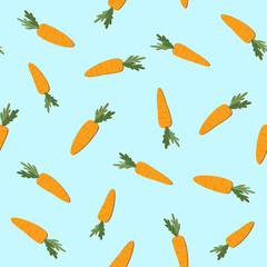 seamless pattern with hand drawn carrot. Illustration of orange carrot on light blue
