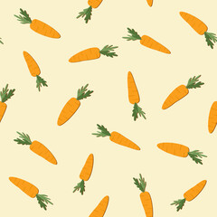 seamless pattern with hand drawn carrot. Illustration of orange carrot on yellow pastel