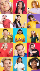 Mosaic of people listening to music with mobile and headphones