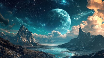 Fototapeta premium A breathtaking, ethereal landscape with a large, vibrant blue planet and towering mountains in the foreground, set against a starry, cosmic backdrop.