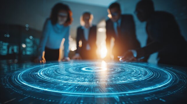 Four People Around Table with Circular Digital Display