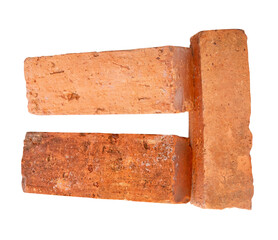 Side view of three cracked old red or orange bricks in stack isolated with clipping path in png file format