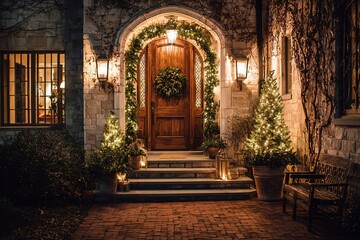 Fototapeta premium A beautifully decorated front entrance of a house at night. The door is adorned with a wreath, surrounded by potted evergreen trees and warm lights.