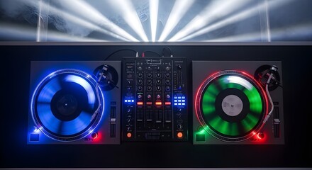 Obraz premium DJ turntables and mixer with glowing lights