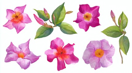 A collection of watercolor illustrations of pink flowers and green leaves, showcasing various stages of bloom