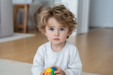 Adorable toddler with curly hair holding a colorful toy ball while sitting on the floor in a bright modern home, expressing innocence, curiosity, and early childhood emotion