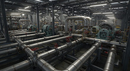 Industrial Interior: A network of metallic pipes and machinery form an industrial interior, indicative of manufacturing, technology, and engineering prowess.