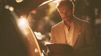 Man in suit looks at papers by open car trunk light