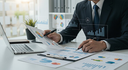 Business Professional Analyzing Financial Data: An astute business professional, engrossed in scrutinizing financial data, meticulously analyzes charts, graphs, and reports, surrounded by technology.
