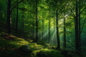 Fototapeta premium Sunlight streams through a lush green forest, illuminating the mossy ground and creating a peaceful, natural atmosphere