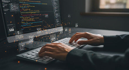 Coding Interface: A programmer's hands poised over a keyboard, illuminating a monitor displaying intricate code, representing the modern world of technological innovation.