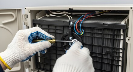 Technician in protective gloves using a screwdriver to repair the internal mechanism of an air conditioning unit during scheduled maintenance