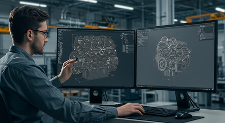 Engineering Design Specialist: An engineer meticulously analyzes complex blueprints of a powerful engine displayed on a dual-monitor setup in a modern industrial setting.