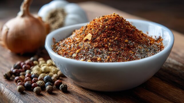 A vibrant bowl of mixed spice blend sits atop a rustic wooden surface, complemented by various whole peppercorns and an onion. - Powered by Adobe