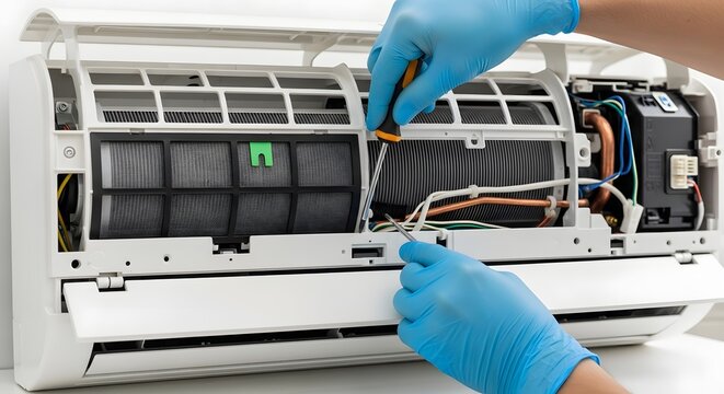 Close-up of a professional serviceman in blue gloves performing maintenance and repair on a split air conditioning system