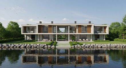Lakeside retreat modern architectural marvel reflected on calm waters offering peace and serenity