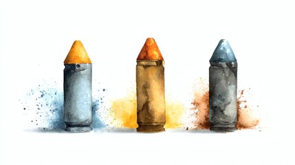 Naklejka premium A watercolor illustration of three crayons in various colors, with splashes of paint around them