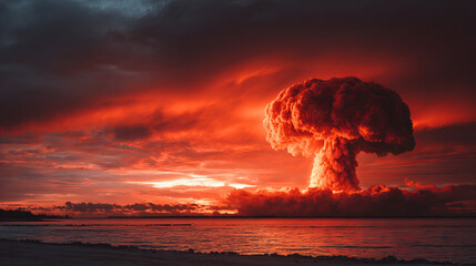 Dramatic mushroom cloud explosion over ocean horizon at sunset with fiery glowing sky and stormy clouds