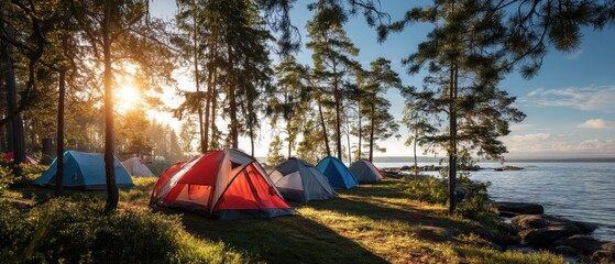 Colorful tents set up among pine trees by a tranquil lakeshore at sunrise, creating a peaceful camping scene in nature