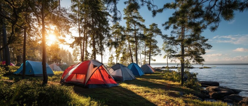 Colorful tents set up among pine trees by a tranquil lakeshore at sunrise, creating a peaceful camping scene in nature - Powered by Adobe