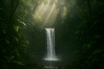 Cascade tropicale entour&eacute;e de v&eacute;g&eacute;tation luxuriante