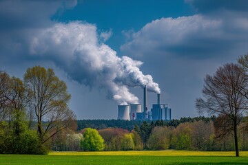 A power plant emits large plumes of smoke above a green, tree-lined landscape under a partly cloudy sky