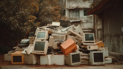A large pile of old computer monitors and electronic waste sits outdoors near rundown buildings and trees