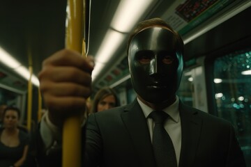 A man in a suit wearing a black mask stands on a subway, gripping a pole, with other passengers seated in the background