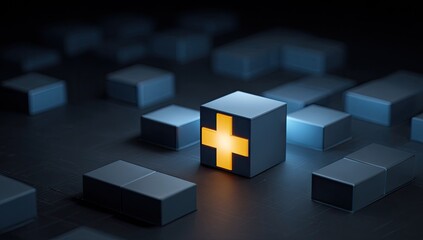 Obraz premium A centrally located, luminous plus sign within a dark-gray cube, amongst a collection of similar, geometric cubes, stands out.