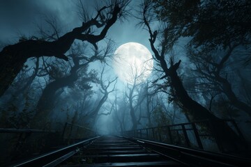 Eerie Abandoned Railway Under Full Moonlight