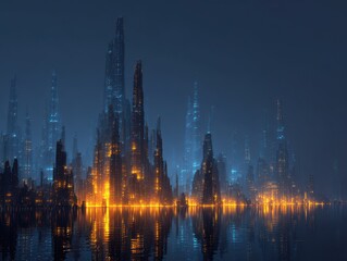 Obraz premium Golden Lights of a Futuristic Spire City Reflected on Water During a Misty Blue Night.