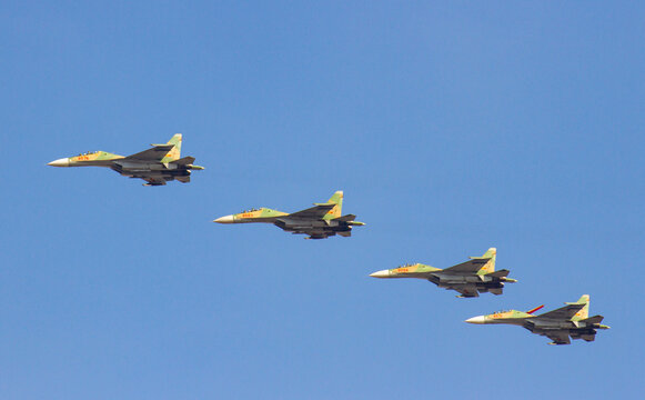 Ho Chi Minh City, Vietnam - April 30, 2025 : Sukhoi Su-30MK2 Fighter Squadron Of Vietnam People's Air Force Performs On The Sky At The 50th Anniversary Of The Reunification Day.